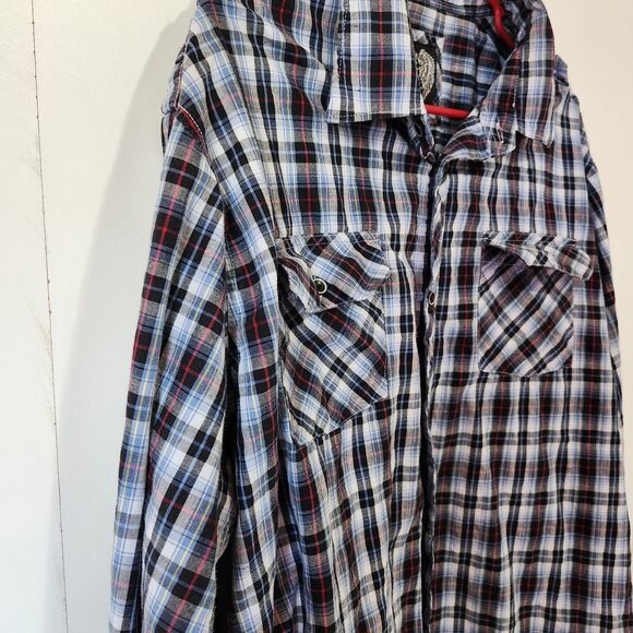 Eighty Eight Men’s XXL Blue Black Plaid Button Down Shirt Long Sleeve Pockets - Picture 6 of 12
